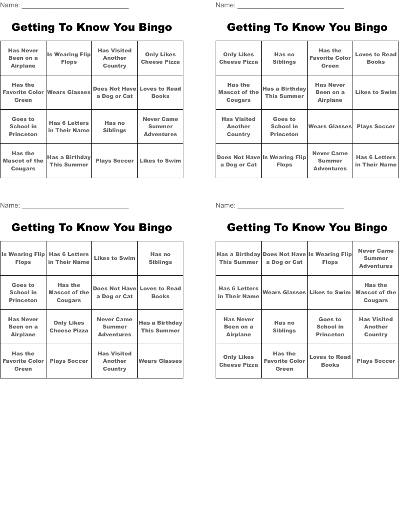 Getting To Know You Bingo