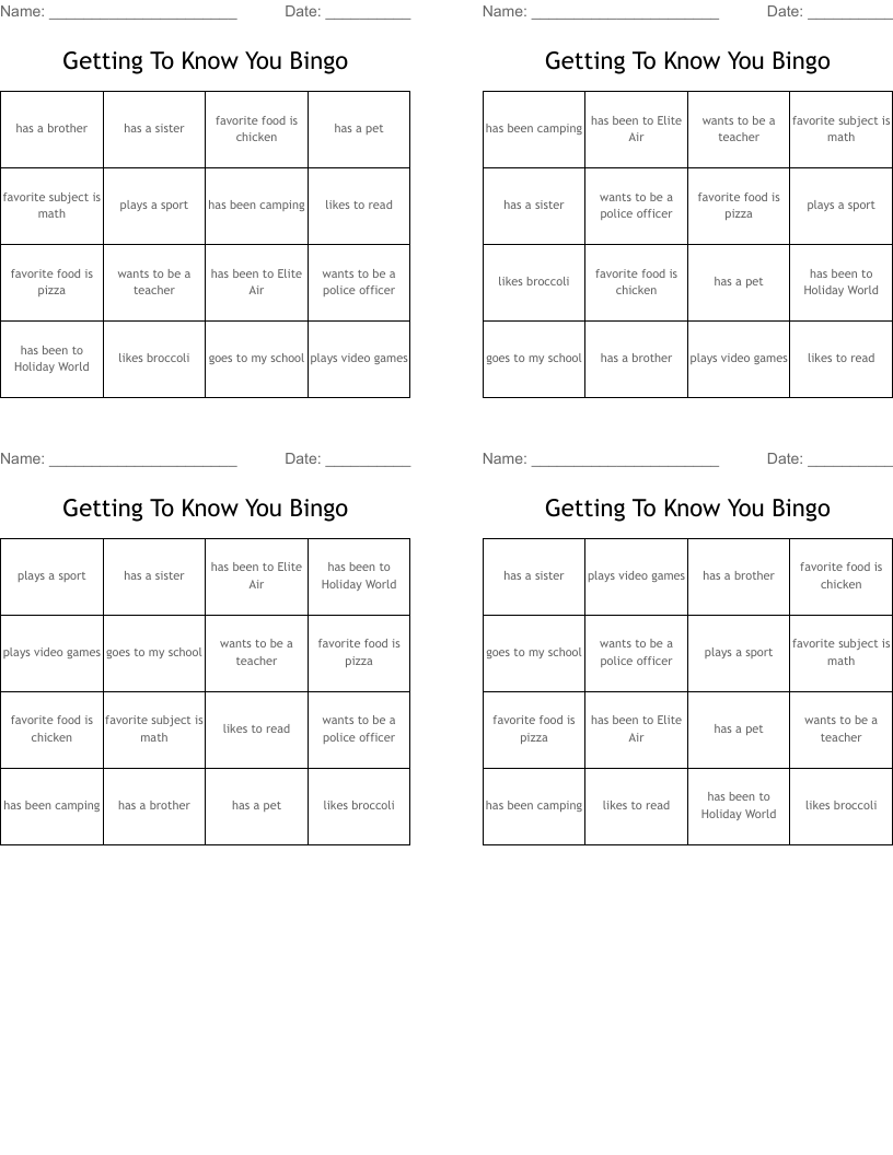 Getting To Know You Bingo