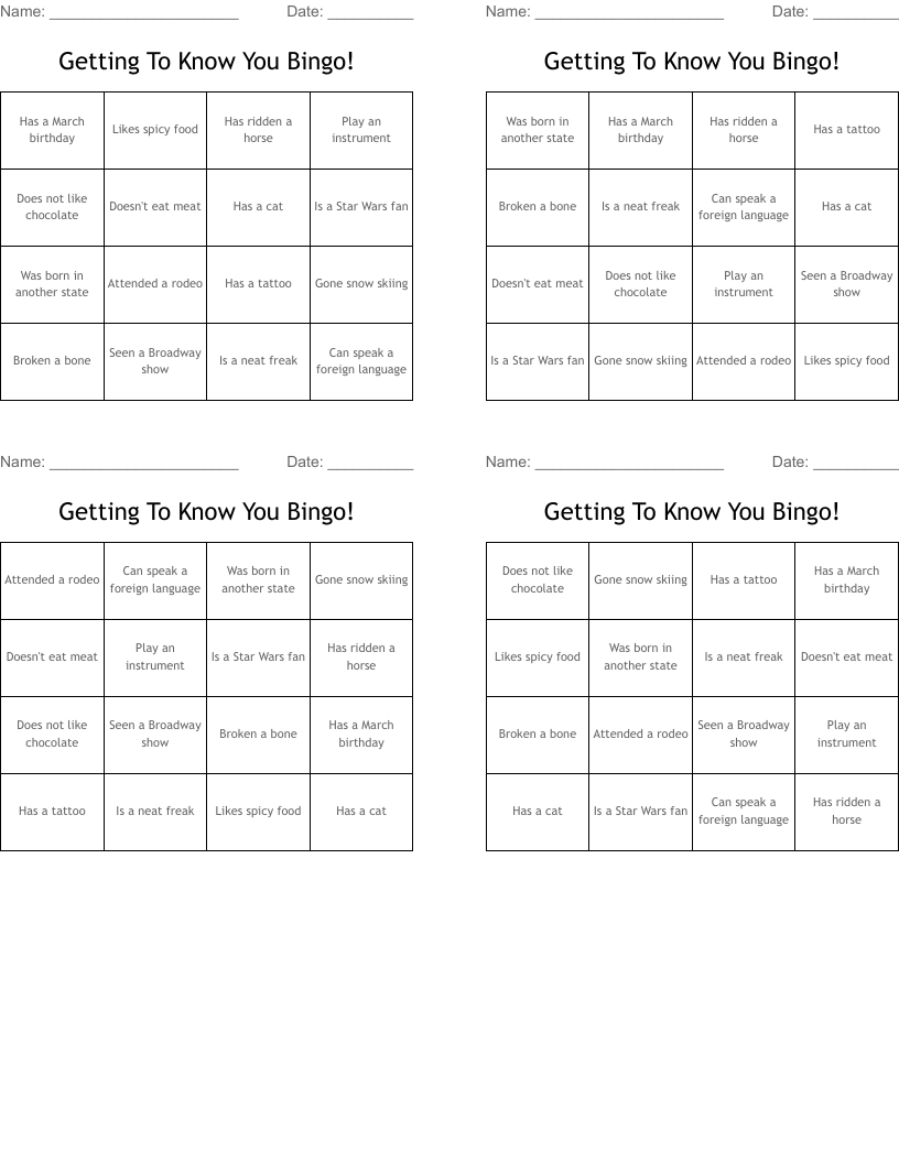 Getting To Know You Bingo!