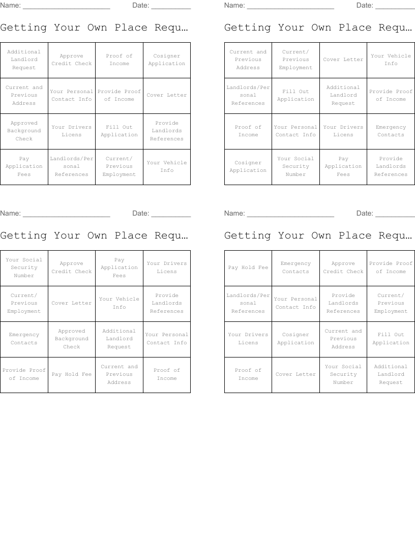 Getting Your Own Place Requirements  Bingo Cards