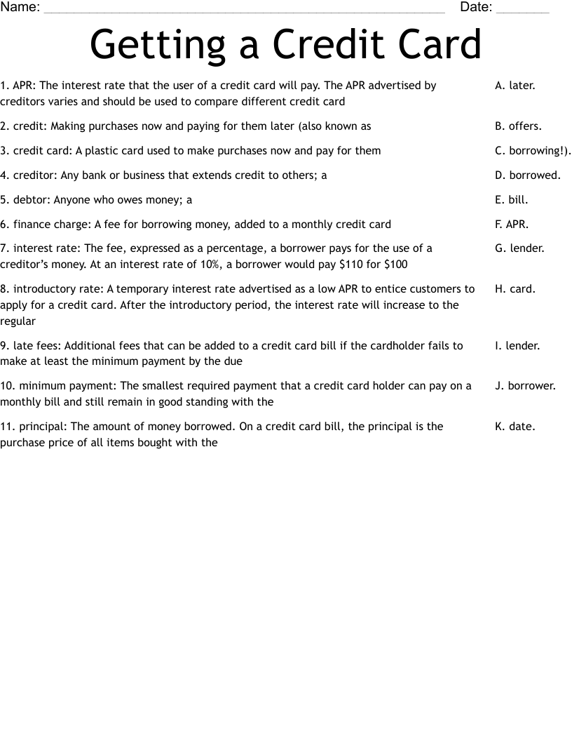 Getting a Credit Card Worksheet