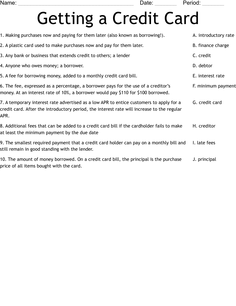 Getting a Credit Card Worksheet