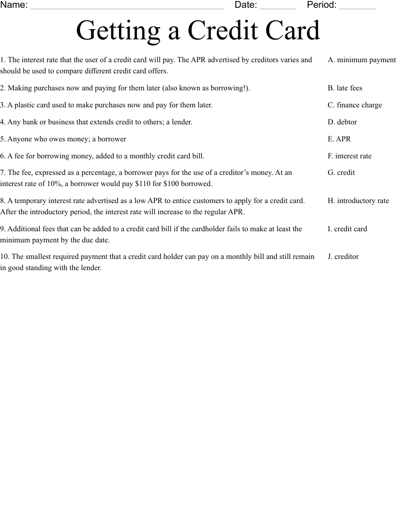 Getting a Credit Card Worksheet