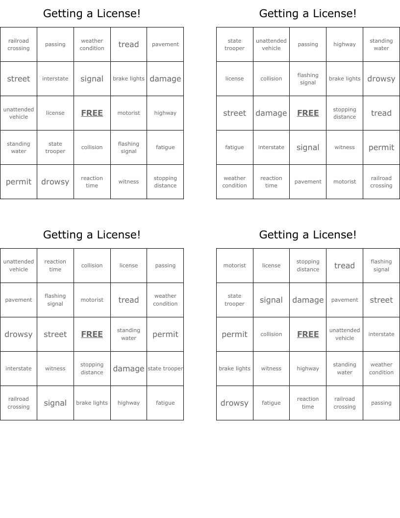 Getting a License! Bingo Cards