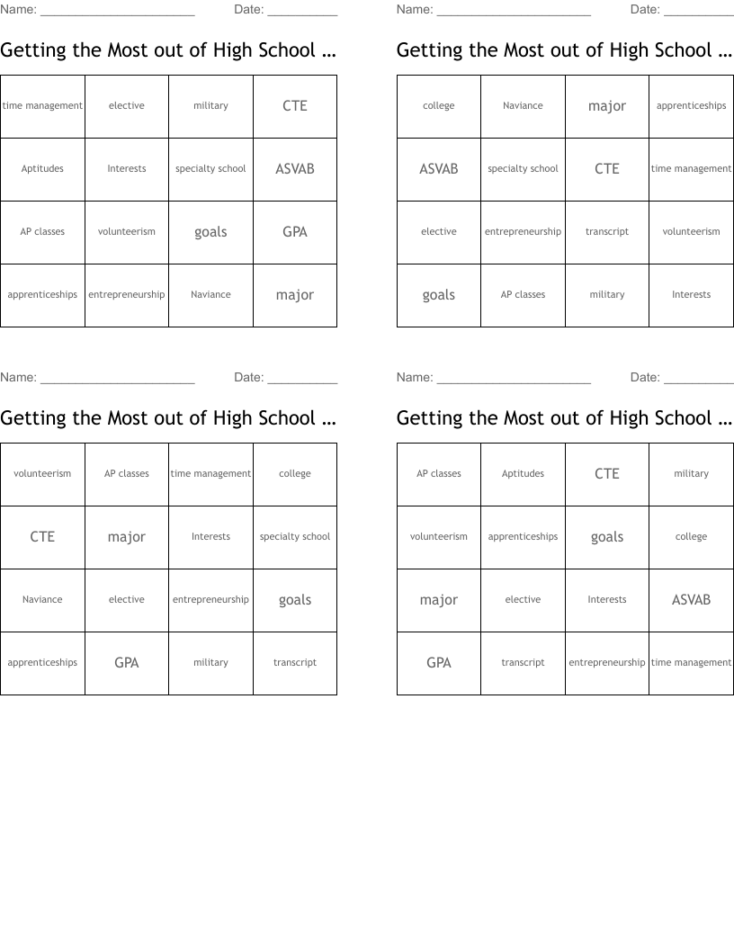 Getting the Most out of High School & Pathways Bingo Cards