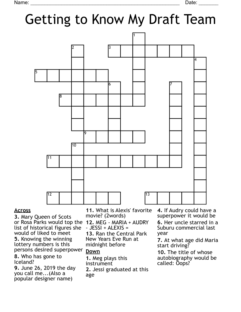 Getting to Know My Draft Team Crossword