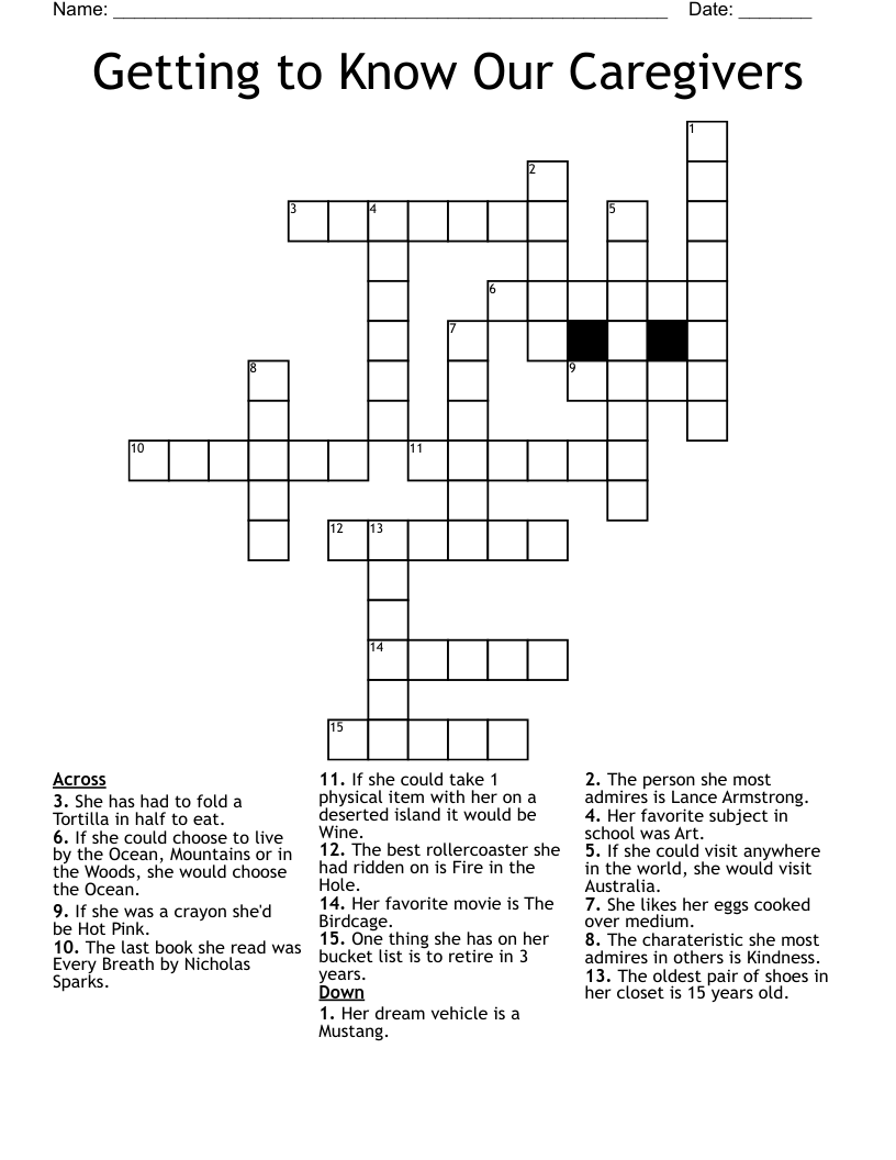 Getting to Know Our Caregivers Crossword