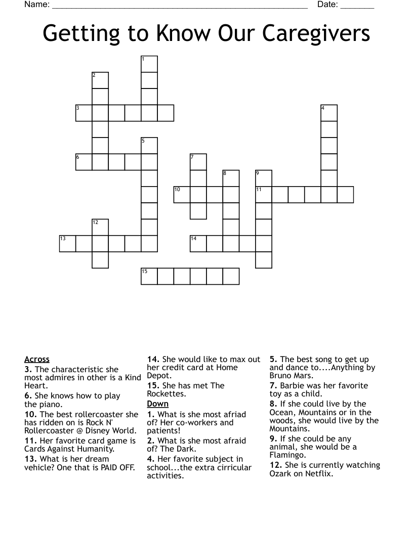 Getting to Know Our Caregivers Crossword