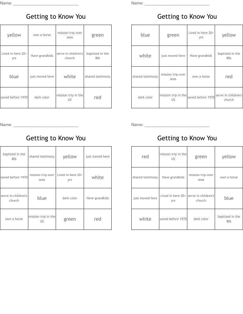 Getting to Know You Bingo Cards