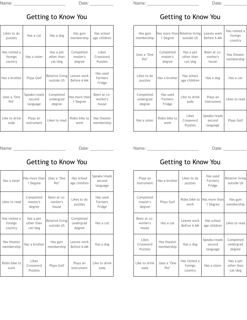 Getting to Know You Bingo Cards