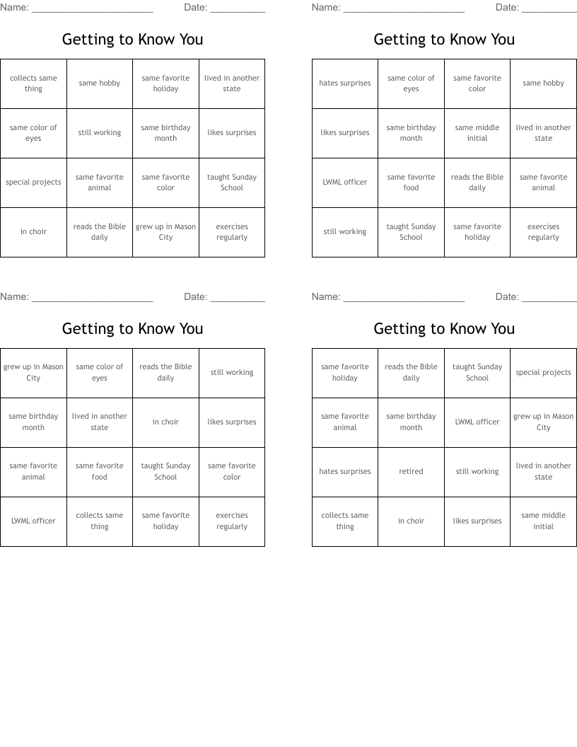Getting to Know You Bingo Cards
