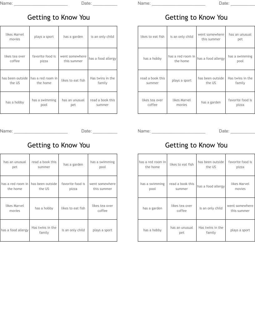 Getting to Know You Bingo Cards