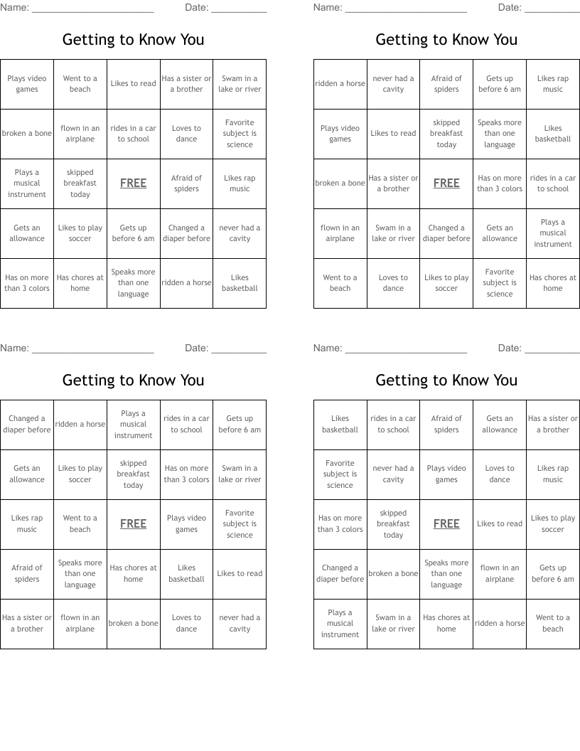 Getting to Know You Bingo Cards