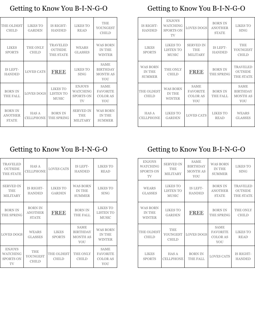 Getting to Know You B-I-N-G-O Bingo Cards