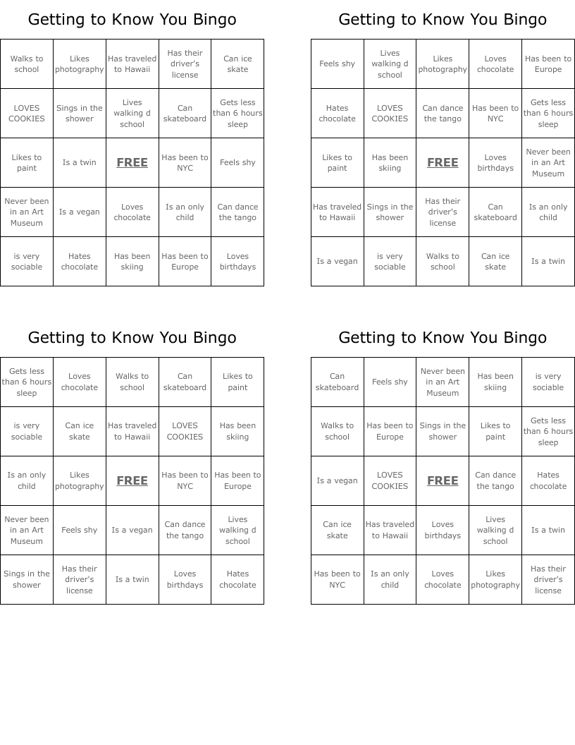 Getting to Know You Bingo