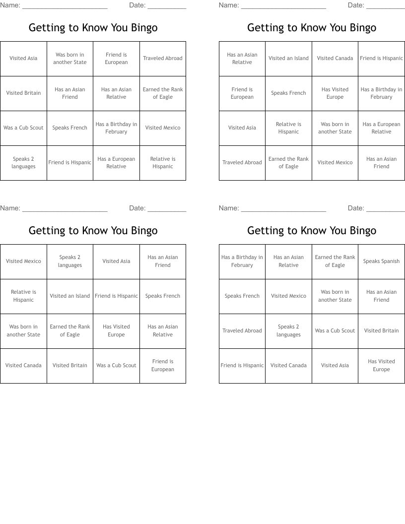 Getting to Know You Bingo