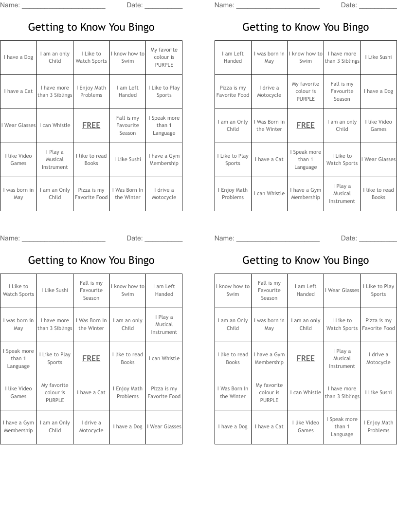 Getting to Know You Bingo