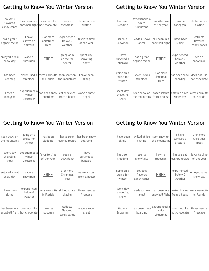 Getting to Know You Winter Version Bingo Cards