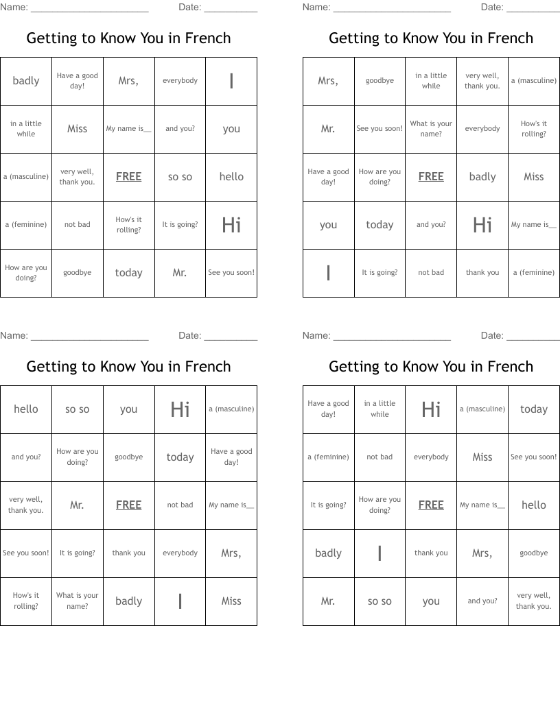 Getting to Know You in French Bingo Cards