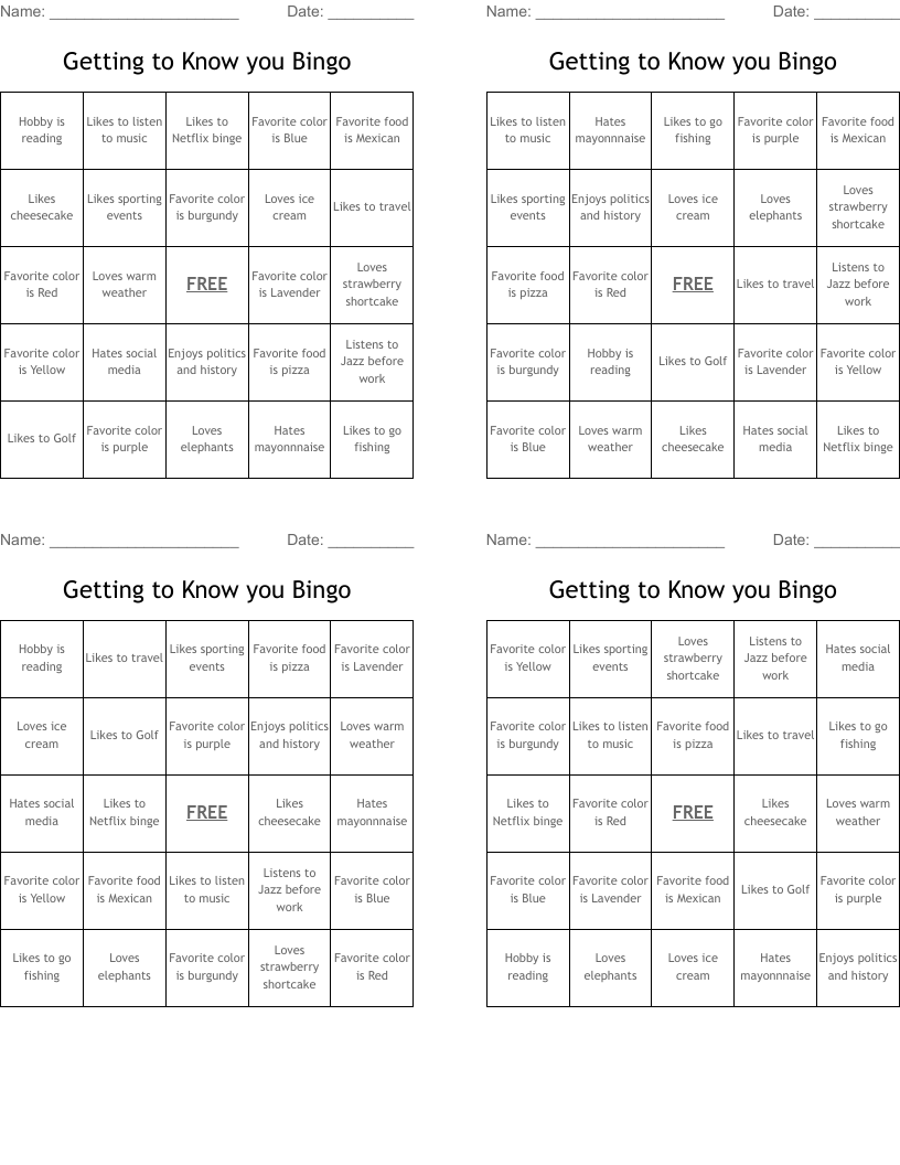 Getting to Know you Bingo