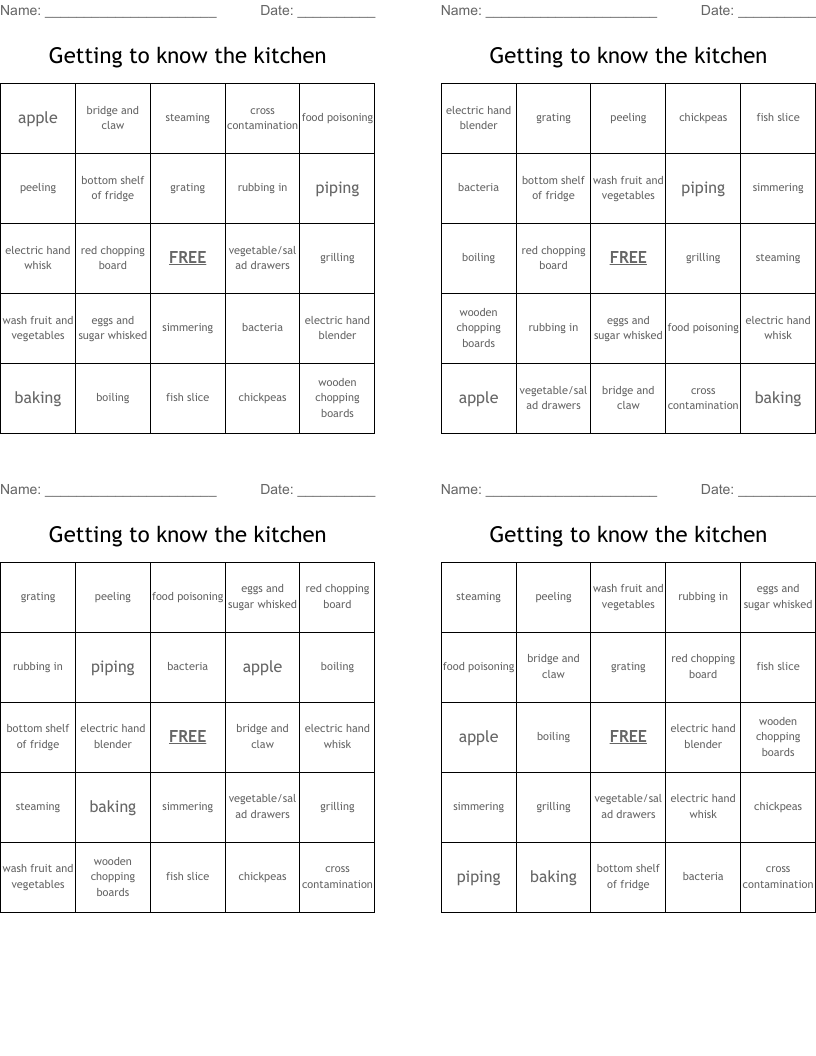 Getting to know the kitchen Bingo Cards