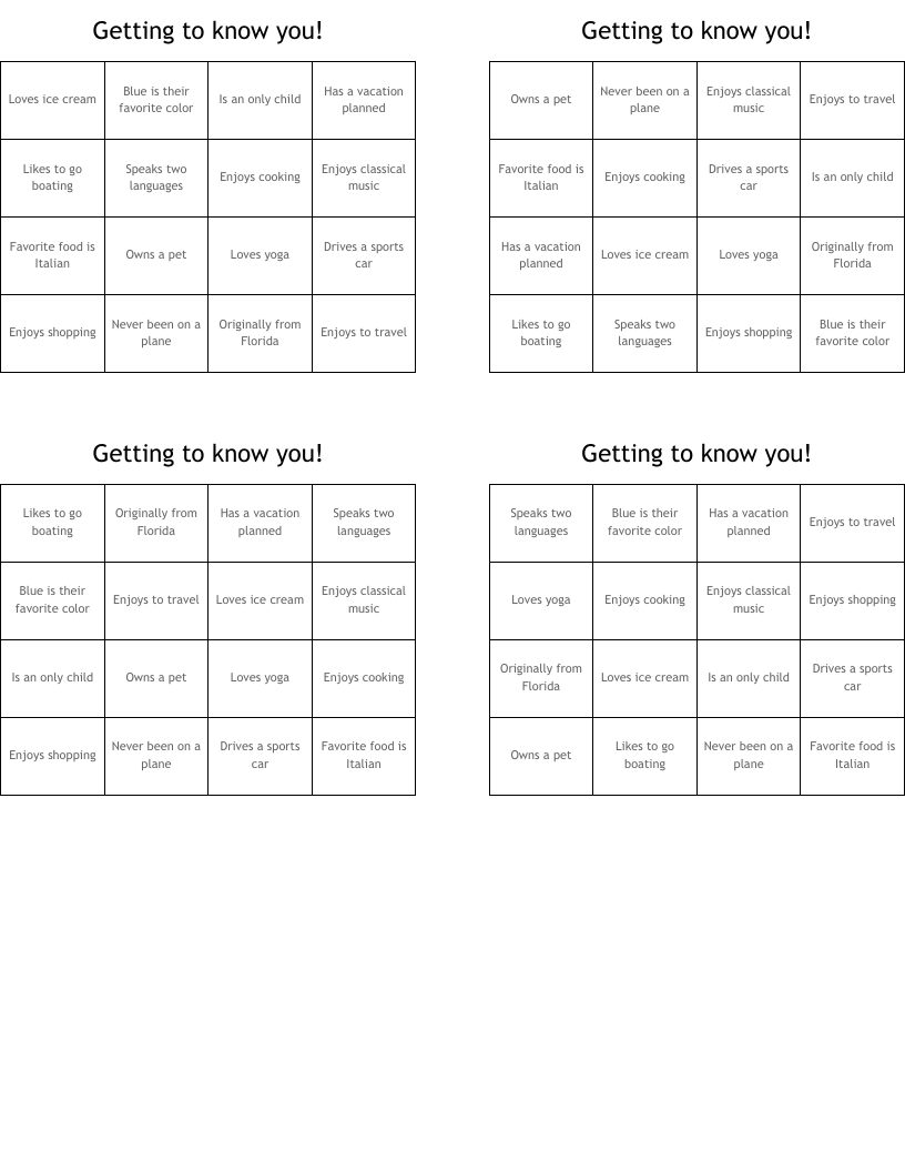 Getting to know you! Bingo Cards