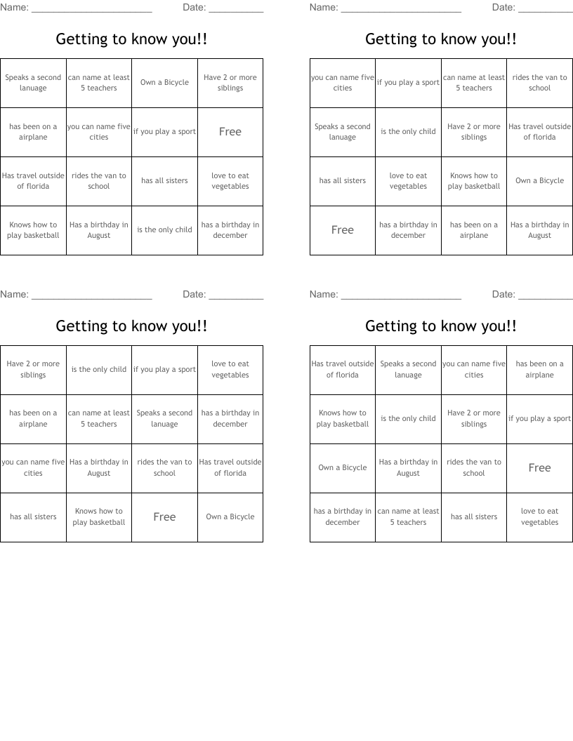 Getting to know you!! Bingo Cards