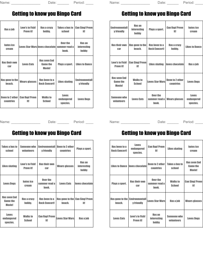 Getting to know you Bingo Card