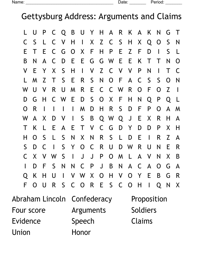 Gettysburg Address: Arguments and Claims Word Search