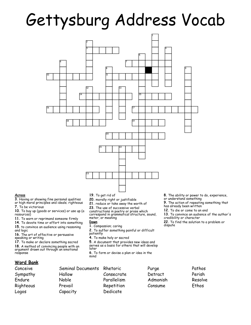 Gettysburg Address Vocab Crossword