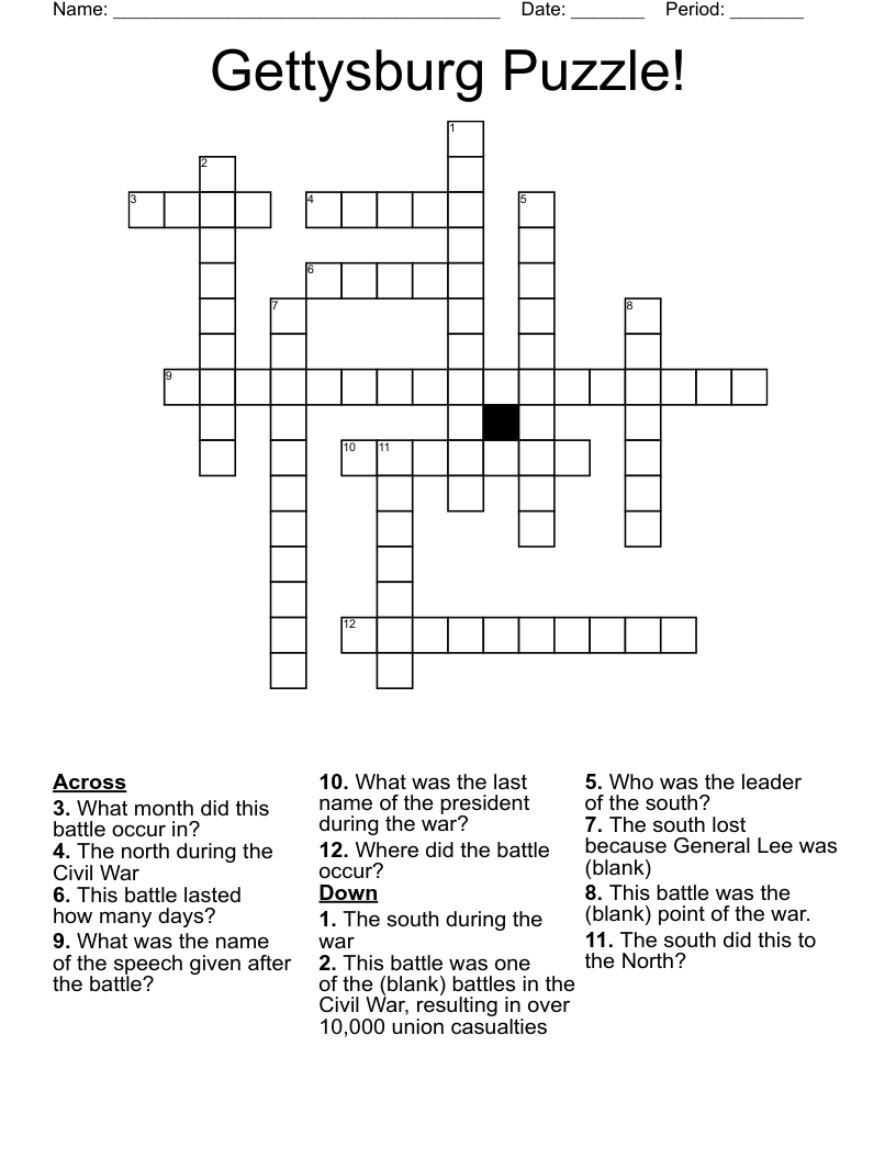 Gettysburg Puzzle! Crossword