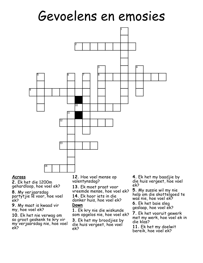 Gevoelens en emosies Crossword