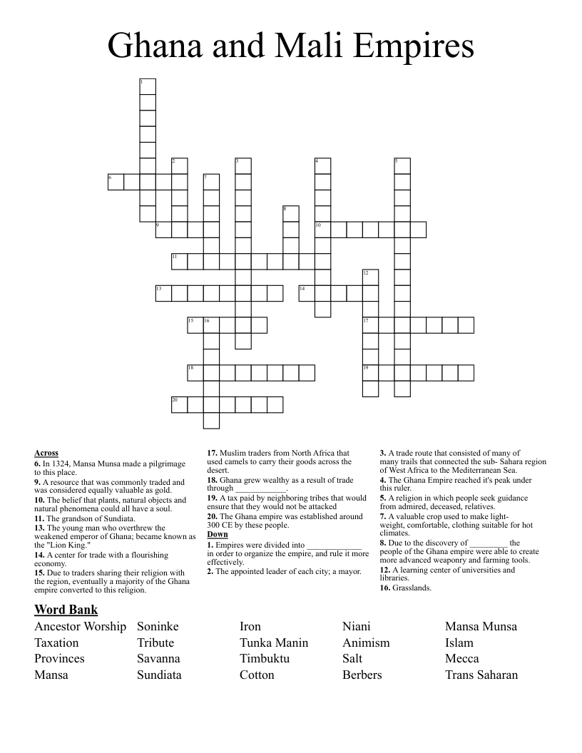 Ghana and Mali Empires Crossword