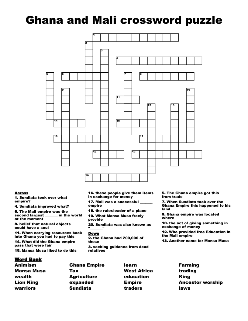 Ghana and Mali crossword puzzle