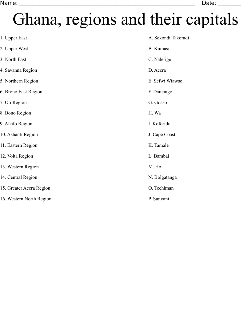 Ghana, regions and their capitals Worksheet