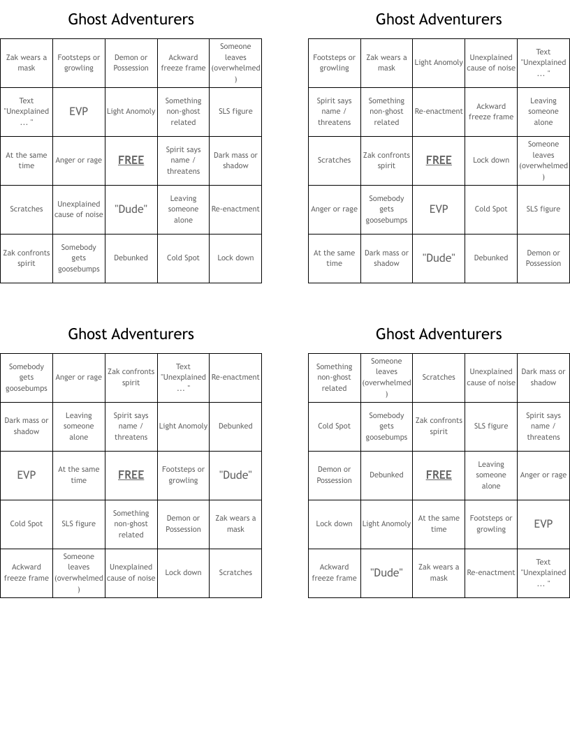 Ghost Adventurers Bingo Cards