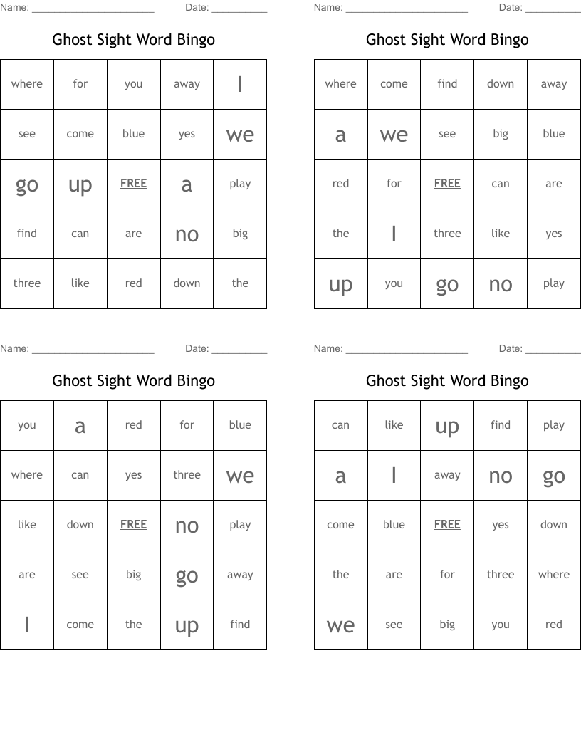 Ghost Sight Word Bingo