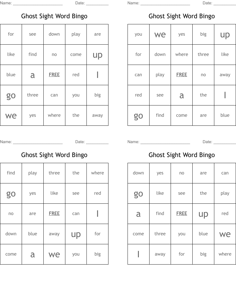 Ghost Sight Word Bingo