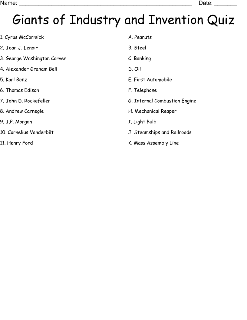Giants of Industry and Invention Quiz Worksheet