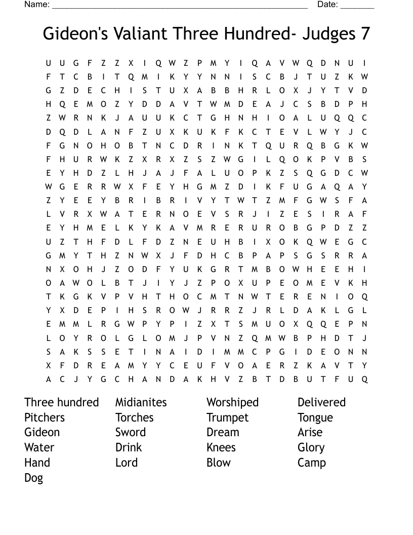 Gideon's Valiant Three Hundred- Judges 7 Word Search