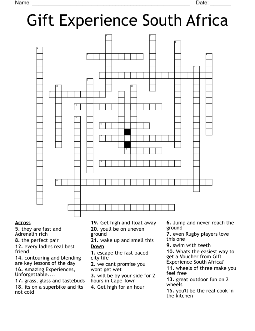 Gift Experience South Africa Crossword