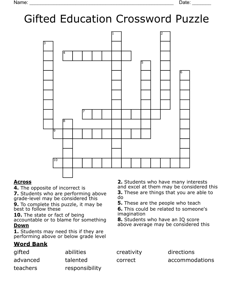 Gifted Education Crossword Puzzle