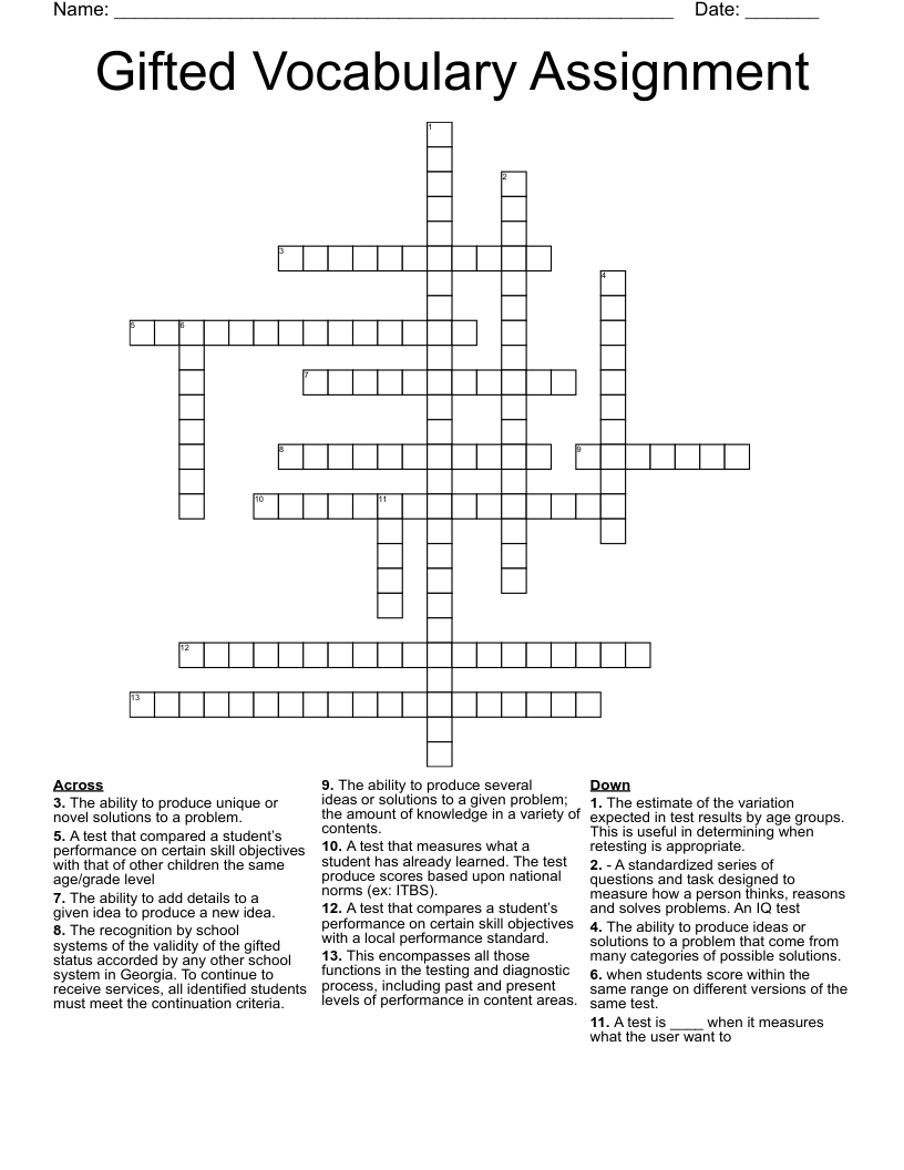 Gifted Vocabulary Assignment Crossword