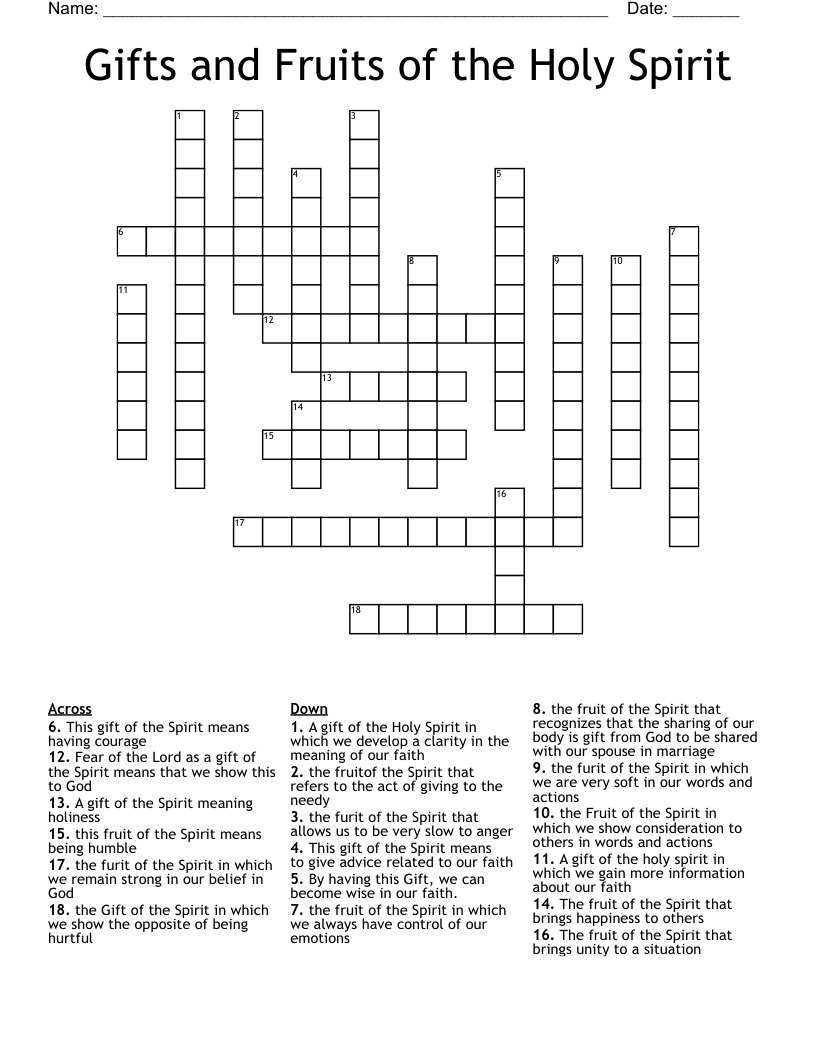 Gifts and Fruits of the Holy Spirit Crossword
