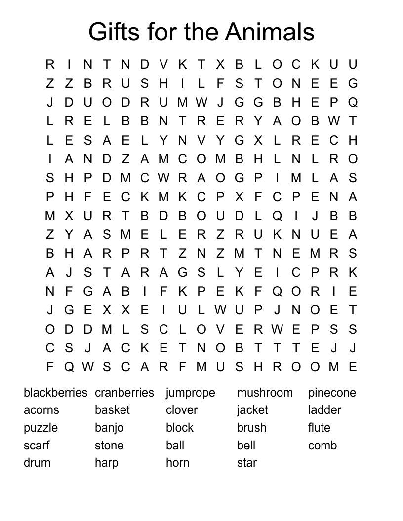 Gifts for the Animals Word Search