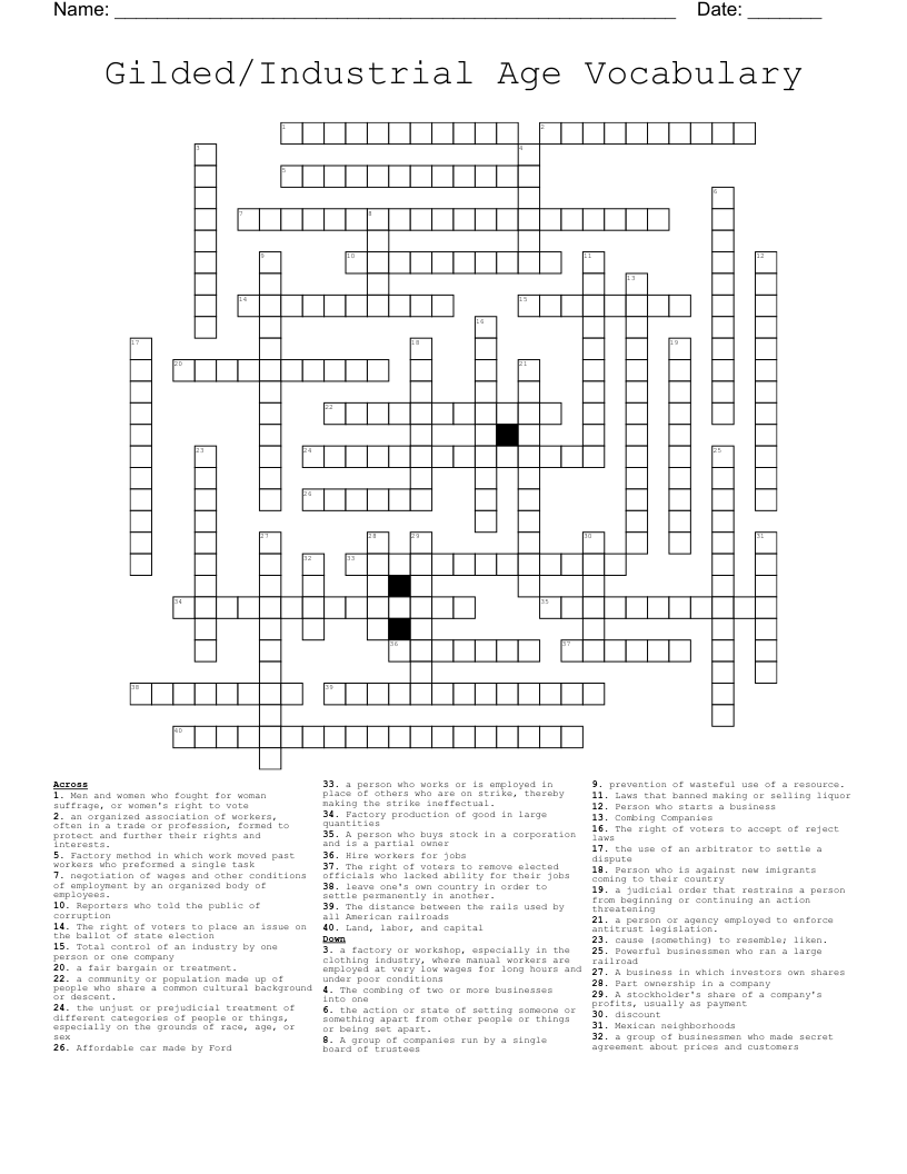 Gilded/Industrial  Age Vocabulary Crossword
