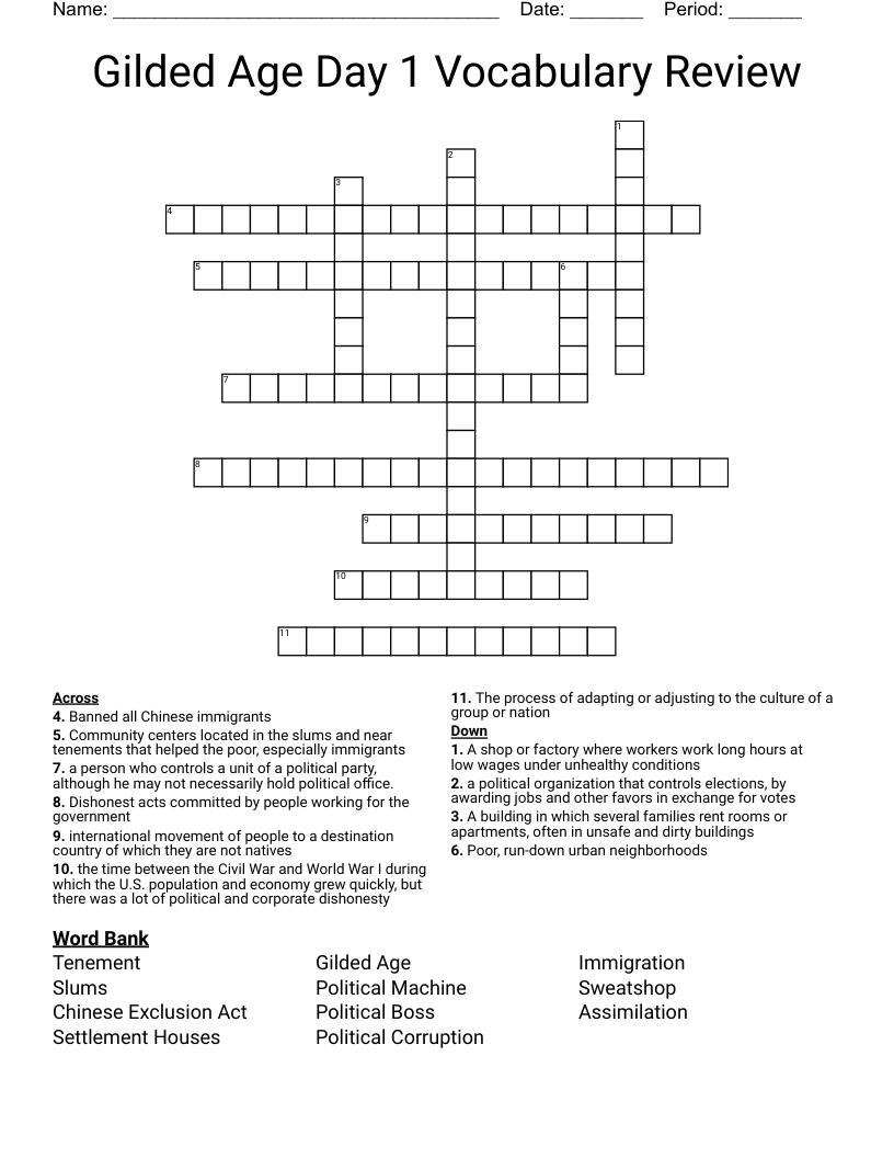 Gilded Age Day 1 Vocabulary Review Crossword