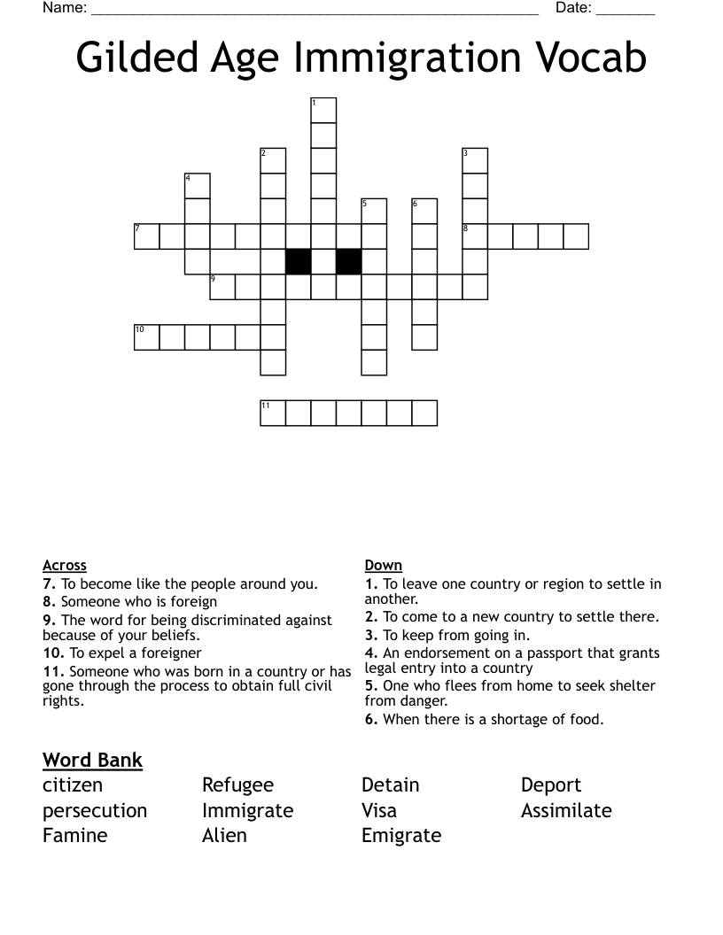 Gilded Age Immigration Vocab Crossword