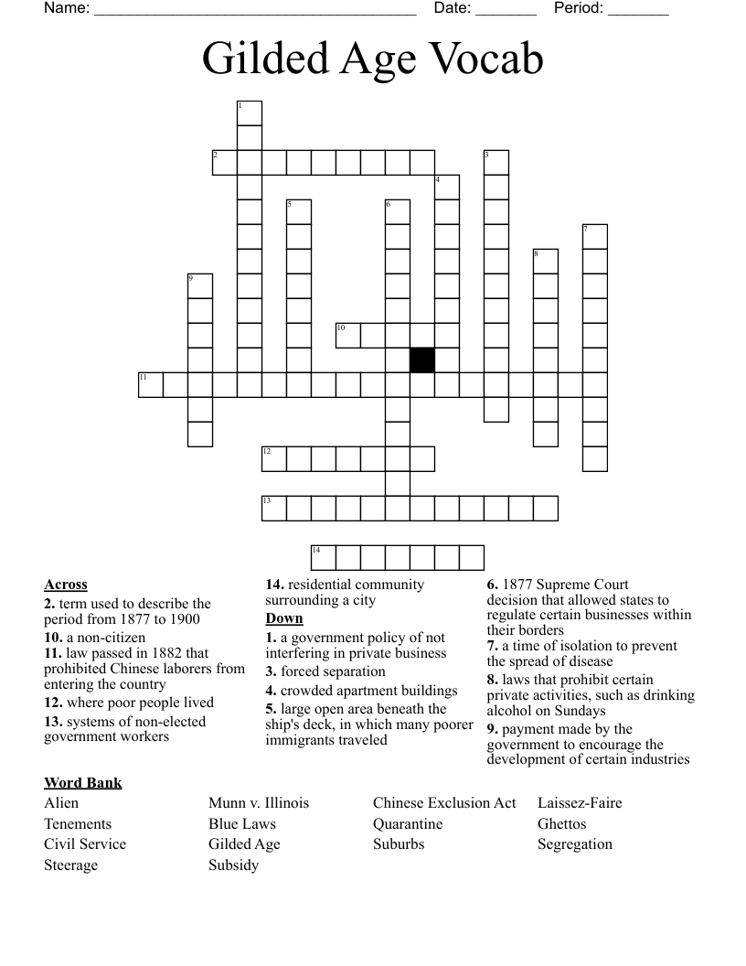 Gilded Age Vocab  Crossword