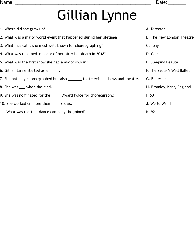Gillian Lynne Worksheet